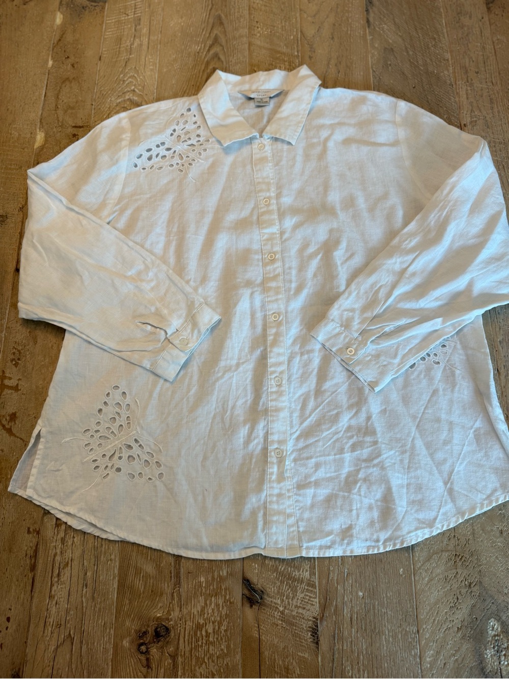 David Dart Sport White Linen Button-Front Blouse with Eyelet Detail Vintage XL